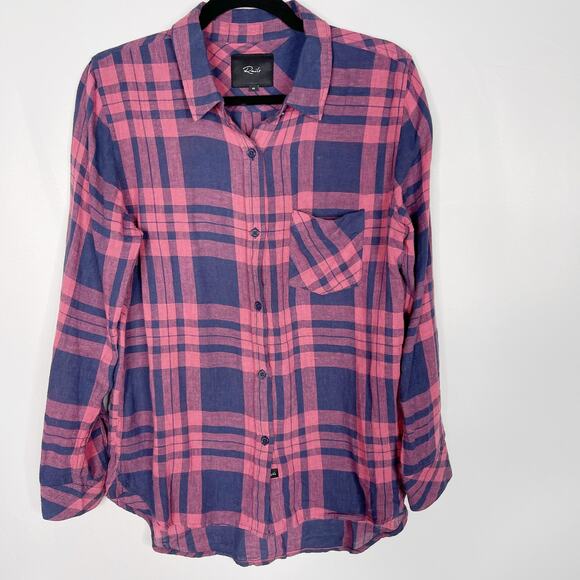 Rails XS Blue Pink Charli Maroon Navy Plaid Button Down Shirt Long Sleeve Linen - Picture 1 of 8